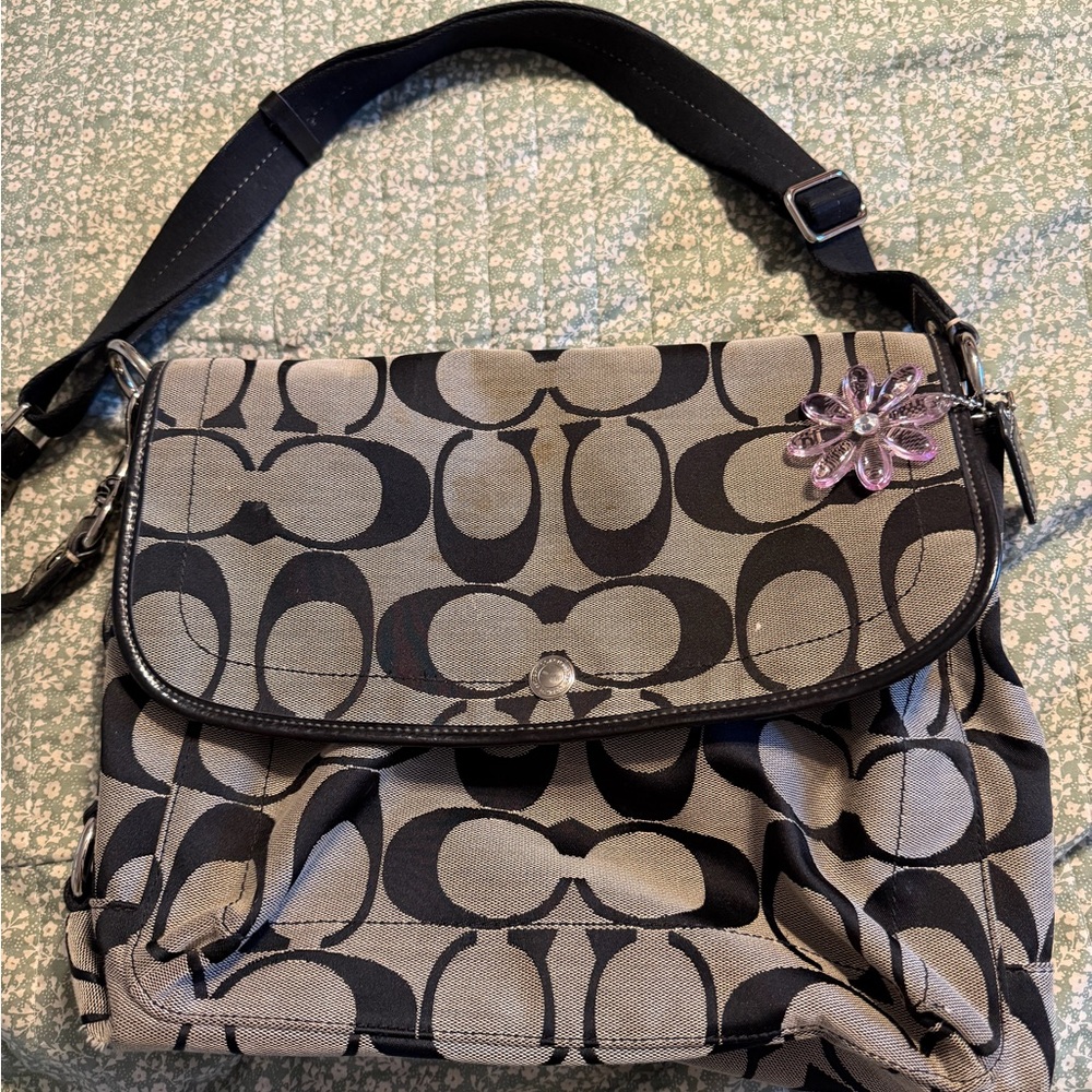 Coach Signature Pattern Canvas Shoulder Bag in Beige and Black